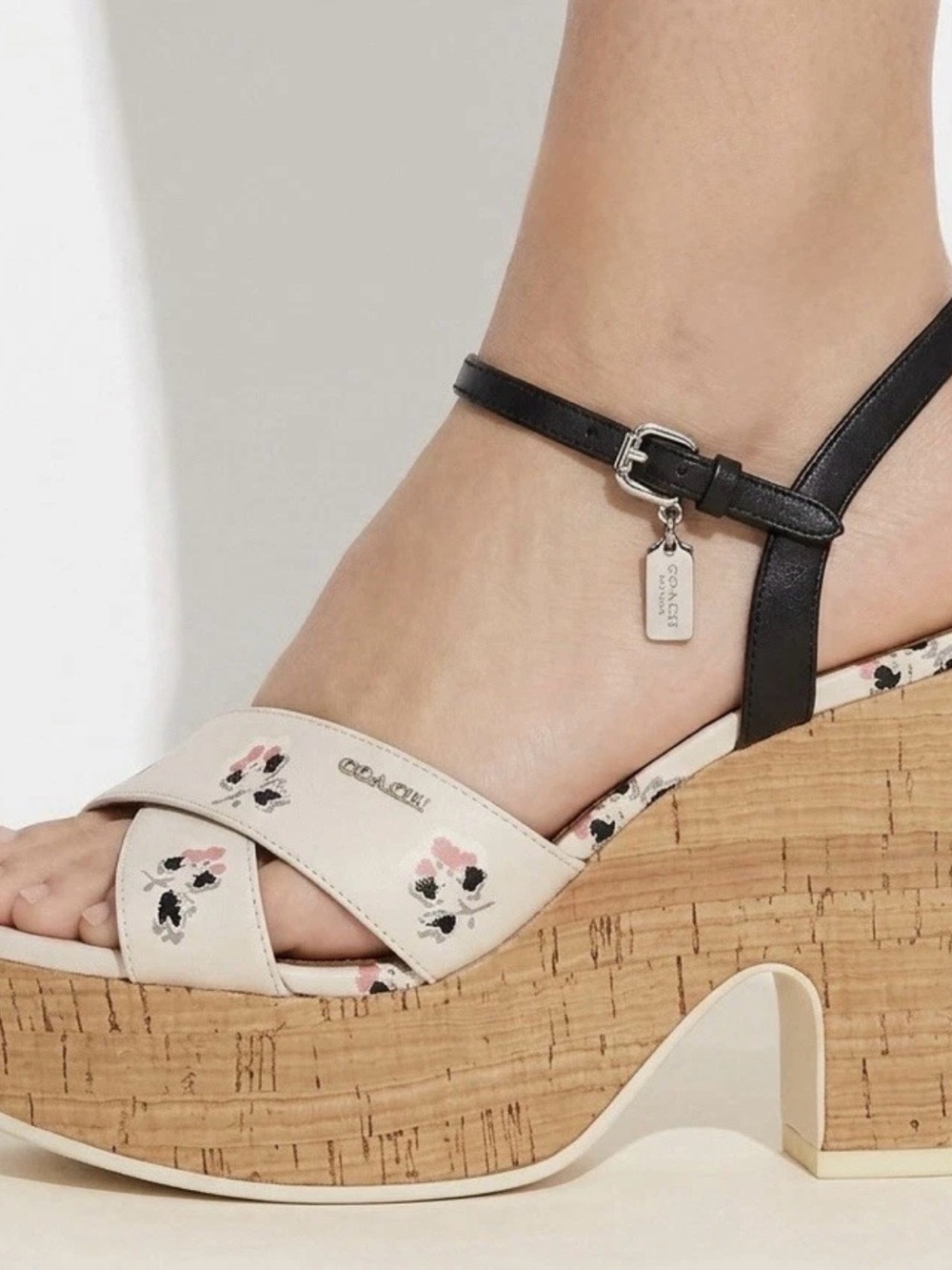 Coach Queen White Multicolor Floral Leather Cork Wedge Sandals Platform 7B NWOB